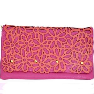 Hot Pink Clutch handbag with chain Orange floral purse